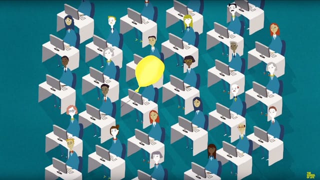 Eine Illustration: viele Leute sitzen an ihrem Schreibtisch. Vor ihnen ist ein Bildschirm. Eine Illustration: viele Leute sitzen an ihrem Schreibtisch. Vor ihnen ist ein Bildschirm.