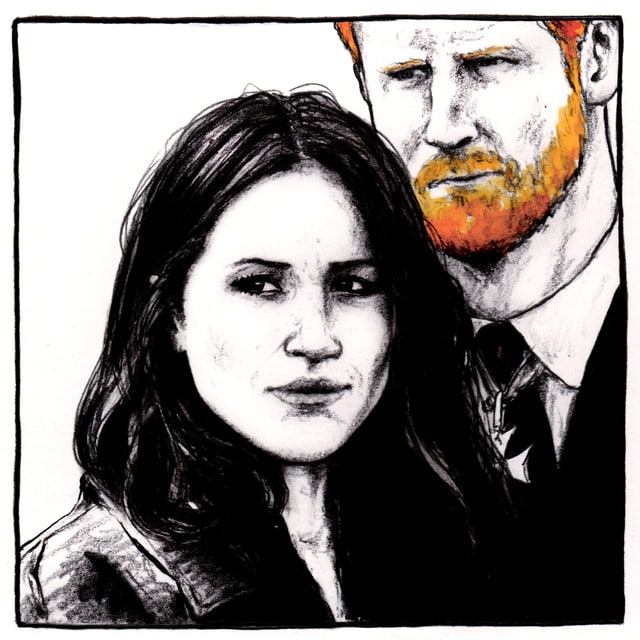 illustraziun da Meghan e Harry cun barba cotschna. illustraziun da Meghan e Harry cun barba cotschna.