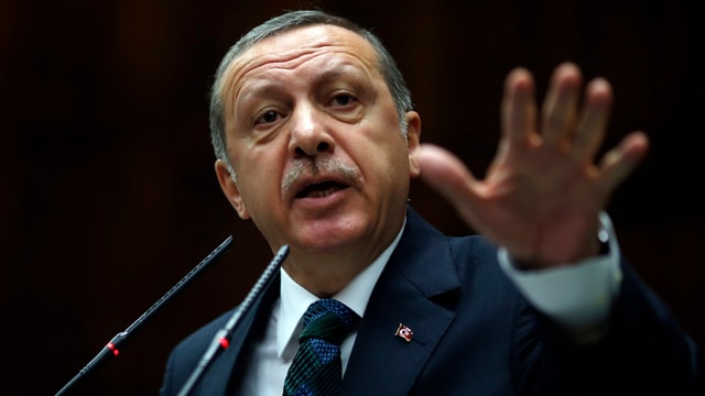 Präsident Erdogan hebt in einer Rede beruhigend den Arm.