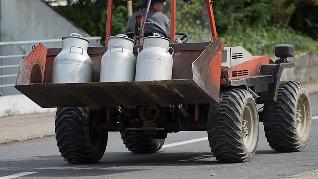 Bauer fährt Milch zur Käserei. Bauer fährt Milch zur Käserei.