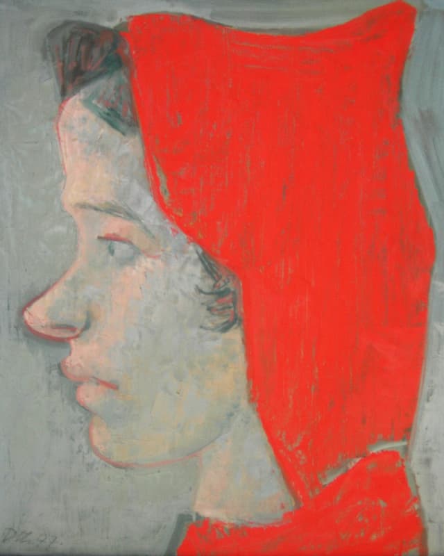 Ein Mädchen mit braunem Haar und einer roten Kapuze. Ein Öl-Gemälde von Danioth.