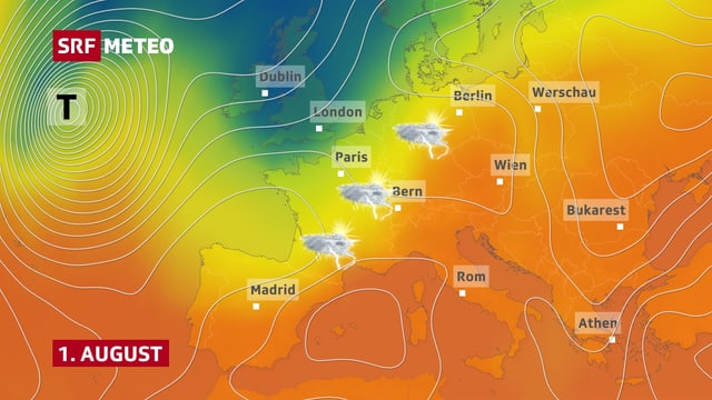 Wetterlage am 1. August: Knapp westlich der Schweiz lauert die Gewitterluft. Wetterlage am 1. August: Knapp westlich der Schweiz lauert die Gewitterluft.