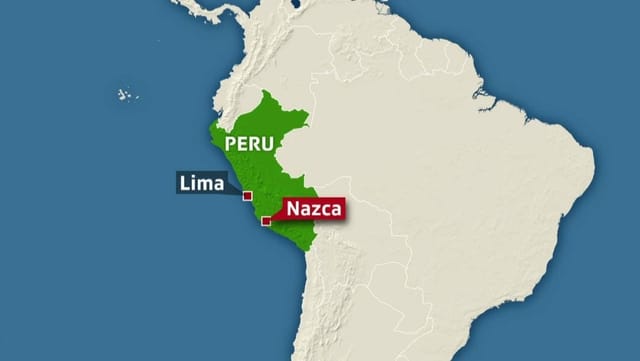 Karte. Darauf ist Südamerika zu sehen. Eingezeichnet ist Peru, Lima und Nazca.