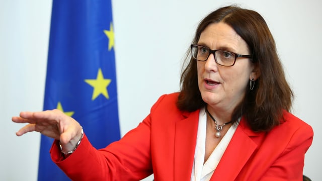Cecilia Malmström in Genf, im roten Jacket vor der EU-Flagge Cecilia Malmström in Genf, im roten Jacket vor der EU-Flagge