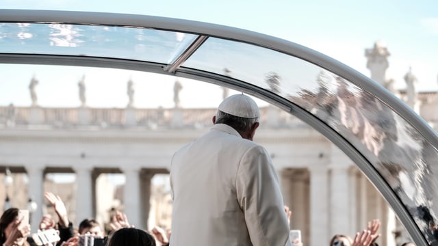 Der Papst im Papamobil, von hinten fotografiert. Der Papst im Papamobil, von hinten fotografiert.