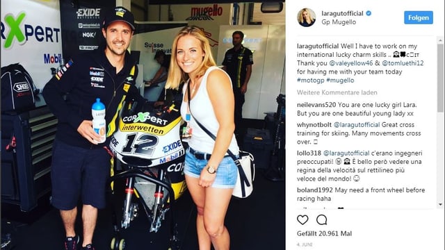 Gegenseitige Fans: Töffpilot Lüthi und Skistar Gut. Gegenseitige Fans: Töffpilot Lüthi und Skistar Gut.