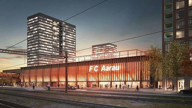 Die Visualisierung des Stadions Aarau mit den Hochäusern im Hintergrund Die Visualisierung des Stadions Aarau mit den Hochäusern im Hintergrund