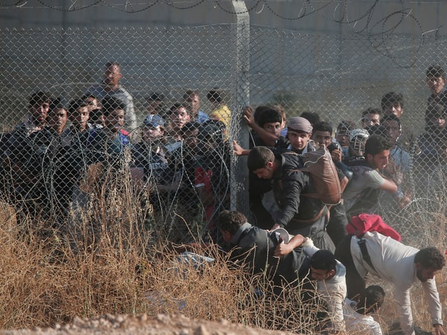 Dutzende Syrer versucehn, über die Absperrungen zu klettern oder unter dem Stacheldraht durchzukriechen.