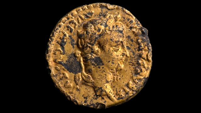 Goldene Münze, auf der ein Kopf abgebildet ist.