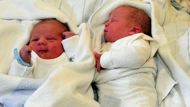 Zwei frisch geborene Kinder im Bettchen. 