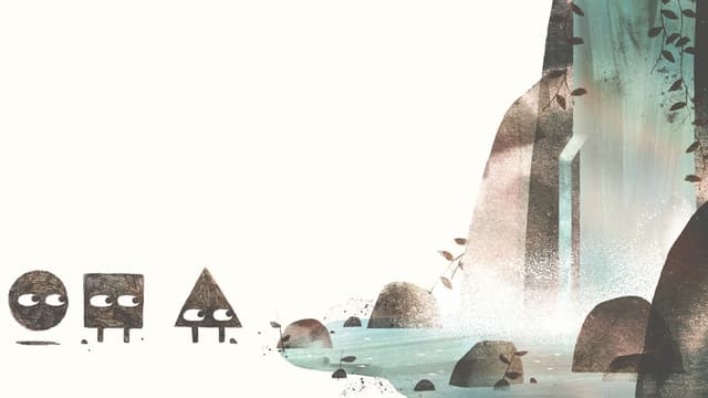 Kinderbuchillu: Ein Kreis, Quadrat und Dreieck stehen am Rande eines Wasserfalls. Kinderbuchillu: Ein Kreis, Quadrat und Dreieck stehen am Rande eines Wasserfalls.