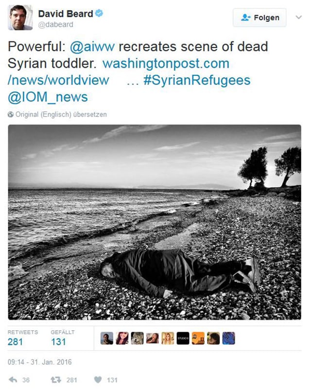 Twitter Screenshot von Ai Wei Wei als Aylan Kurdi. Twitter Screenshot von Ai Wei Wei als Aylan Kurdi.