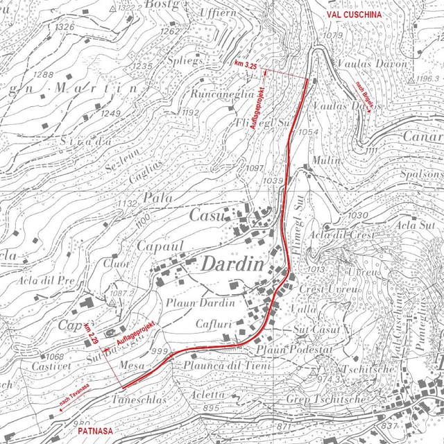 Quai toc da la via tras Dardin vegn sanà e schlargià. Quai toc da la via tras Dardin vegn sanà e schlargià.