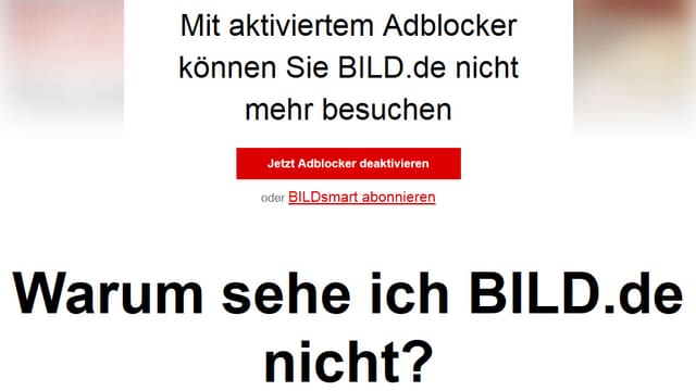 Information bei Bild.de: Mit aktiviertem Adblocker können Sie Bild.de nicht mehr besuchen Information bei Bild.de: Mit aktiviertem Adblocker können Sie Bild.de nicht mehr besuchen