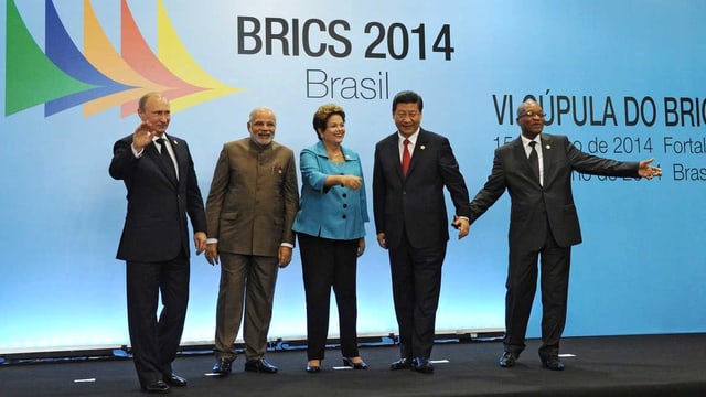 Wladimir Putin, Narendra Modi, Dilma Rousseff, Xi Jinping und Jacob Zuma.