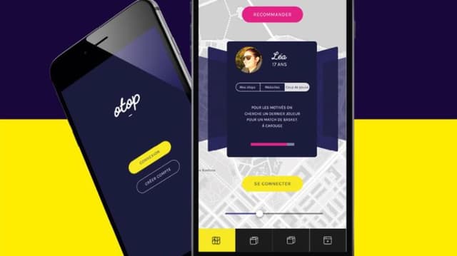 Ein Handy-Bildschirm mit der App in gelb, schwarz und rot. Ein Handy-Bildschirm mit der App in gelb, schwarz und rot.