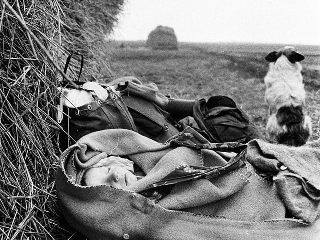 Ein Kind schläft eingepackt in Decken auf einem Feld. Ein Kind schläft eingepackt in Decken auf einem Feld.