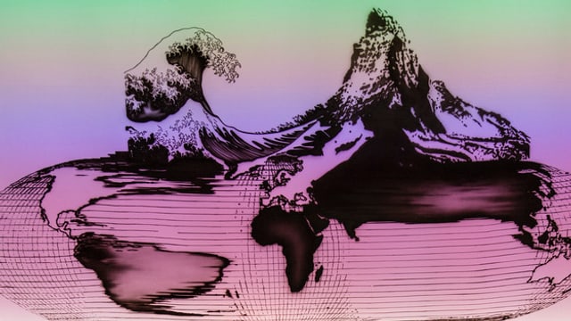 Grafik mit einer Welle, die sich neben dem Matterhorn aufrichtet. Grafik mit einer Welle, die sich neben dem Matterhorn aufrichtet.