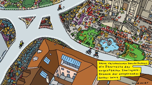 Zeichnung einer Strassenbrückenkreuzung, darunter viele Velos parkiert Zeichnung einer Strassenbrückenkreuzung, darunter viele Velos parkiert