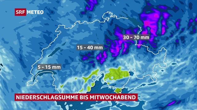 Niederschlagsmengen in der Schweiz bis Mittwochabend. Niederschlagsmengen in der Schweiz bis Mittwochabend.