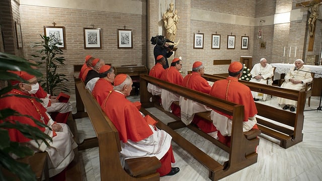 Cardinals on the bench and in front of them the two popes.