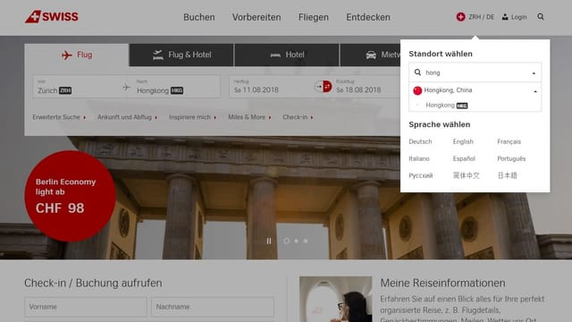 Gibt man auf der Swiss-Homepage «Hongkong» ein, erscheint die China-Flagge Gibt man auf der Swiss-Homepage «Hongkong» ein, erscheint die China-Flagge