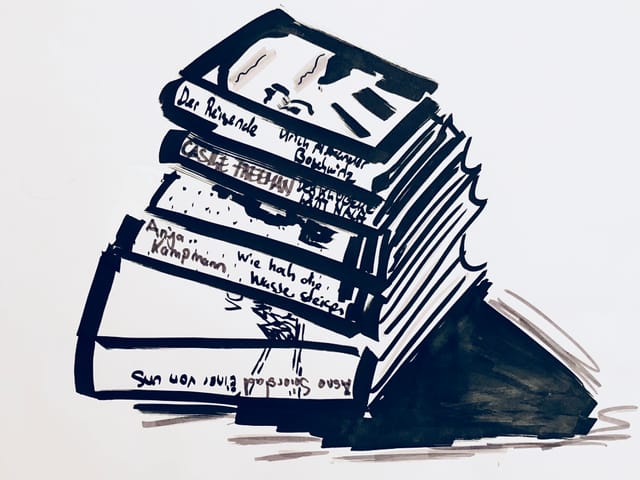 Zeichnung von einem Bücherstabel. Darunter die erwähnten Buchtipps. Zeichnung von einem Bücherstabel. Darunter die erwähnten Buchtipps.