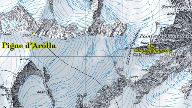 Kartenausschnitt der Region «Pigne d'Arolla» und der «Cabane des Vignettes» Kartenausschnitt der Region «Pigne d'Arolla» und der «Cabane des Vignettes»
