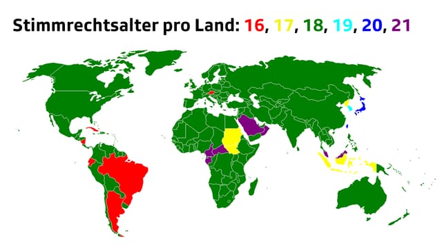 Grafik mit dem offiziellen Stimmrechtsalter pro Land weltweit. Grafik mit dem offiziellen Stimmrechtsalter pro Land weltweit.