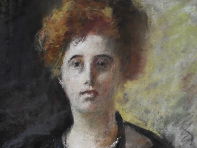 Gemälde einer Frau mit dunklem Oberteil und orange-blonden Haaren Gemälde einer Frau mit dunklem Oberteil und orange-blonden Haaren