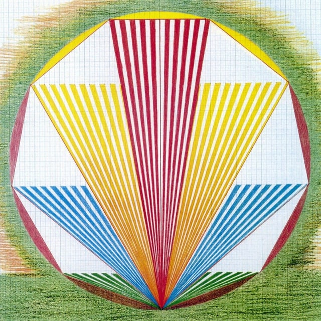 Bild mit gelben, roten und blauen Strahlen in einem Kreis. Darum grün. Bild mit gelben, roten und blauen Strahlen in einem Kreis. Darum grün.