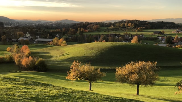 Blick über grüne Wiesen und auch die Bäume sind noch nicht stark verfärbt. Blick über grüne Wiesen und auch die Bäume sind noch nicht stark verfärbt.