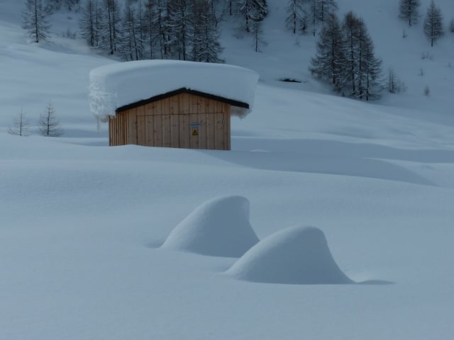 Verschneite Wiese mit einer Hotzhütte mit viel Neuschnee auf dem Dach. Es sieht sehr friedlich aus.