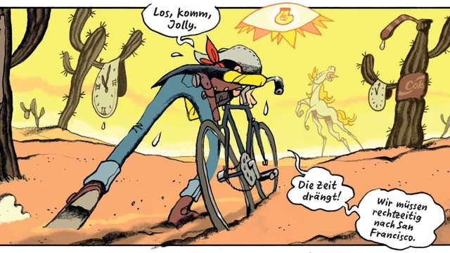 Ein gezeichneter Cowboy schiebt ein Fahrrad durch die heisse Wüste. Er tropft vor Schweiss. Ein gezeichneter Cowboy schiebt ein Fahrrad durch die heisse Wüste. Er tropft vor Schweiss.
