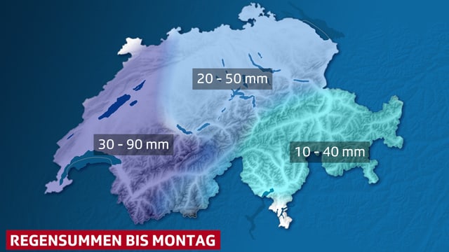 Die Niederschlagssummen bis Sonntag, im Westen fällt am meisten Regen und Schnee. Die Niederschlagssummen bis Sonntag, im Westen fällt am meisten Regen und Schnee.
