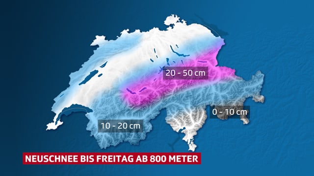 Eine Karte zeigt die erwarteten Schneemengen. Eine Karte zeigt die erwarteten Schneemengen.