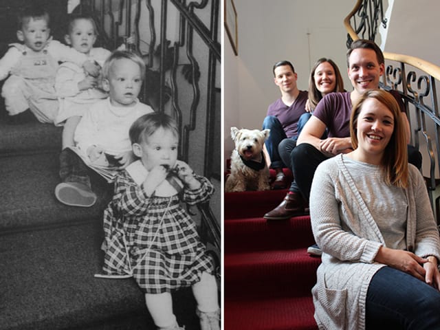 Vierlinge Schorer als Kinder und heute. Vierlinge Schorer als Kinder und heute.