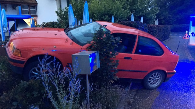 Ein rotes Auto steht schräg in einem Garten Ein rotes Auto steht schräg in einem Garten