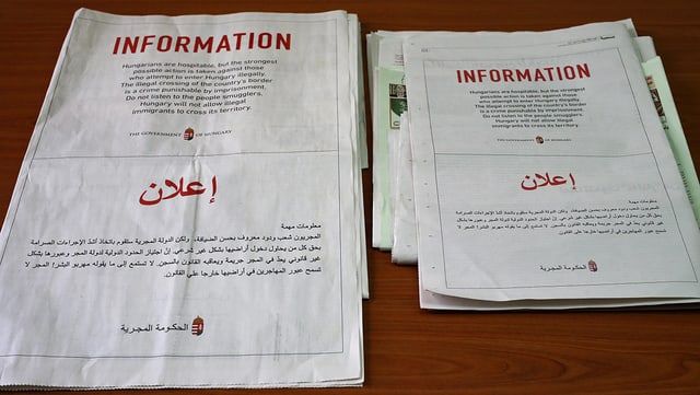 Zeitungsanzeigen der ungarischen Regierung auf Englisch und Arabisch Zeitungsanzeigen der ungarischen Regierung auf Englisch und Arabisch