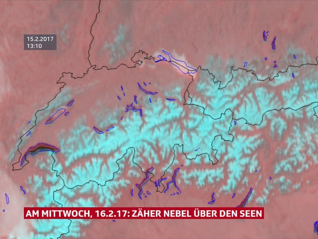 Satellitenbild von der Schweiz: Einzig auf dem Neuenburger- und Bodensee hat es Nebel Satellitenbild von der Schweiz: Einzig auf dem Neuenburger- und Bodensee hat es Nebel