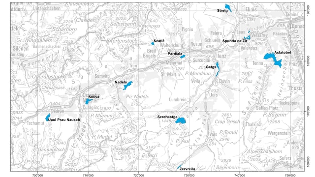 Charta geografica cun ils 11 reservats da guaud en Surselva. Charta geografica cun ils 11 reservats da guaud en Surselva.