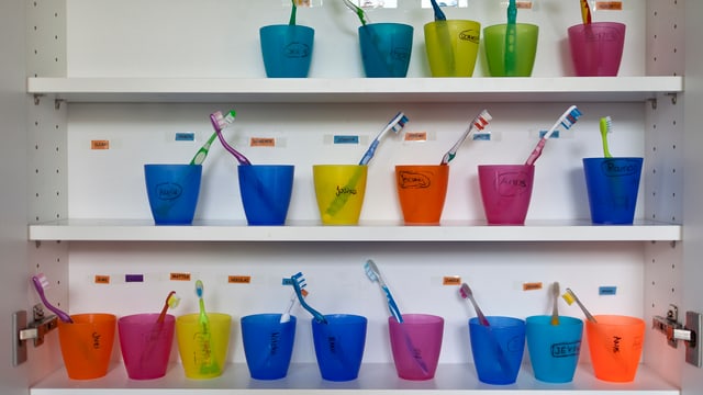 Ein Regal mit Zahnbürsten în bunten Plastikbechern in einer Kinderkrippe. Ein Regal mit Zahnbürsten în bunten Plastikbechern in einer Kinderkrippe.
