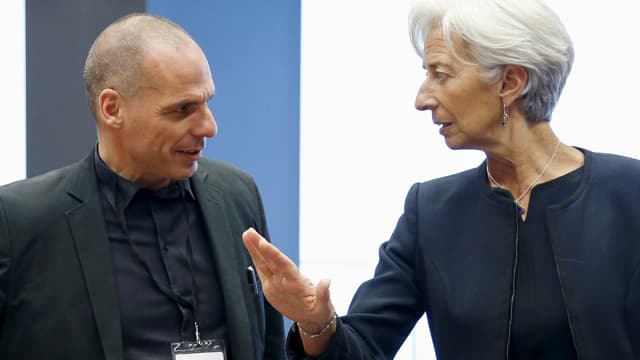 Christine Lagarde im Gespraäch mit Yanis Varoufakis. Christine Lagarde im Gespraäch mit Yanis Varoufakis.