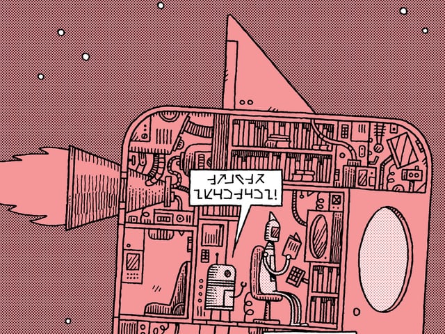 Zeichnung eines Raumschiffs: Innen gleicht es einer Bibliothek. Roboter lesen. Zeichnung eines Raumschiffs: Innen gleicht es einer Bibliothek. Roboter lesen.