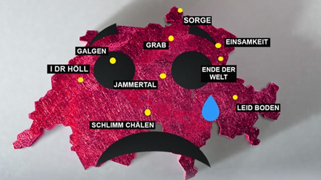 Schweizer Karte, auf der Orte mit traurigen Namen eingezeichnet sind Schweizer Karte, auf der Orte mit traurigen Namen eingezeichnet sind