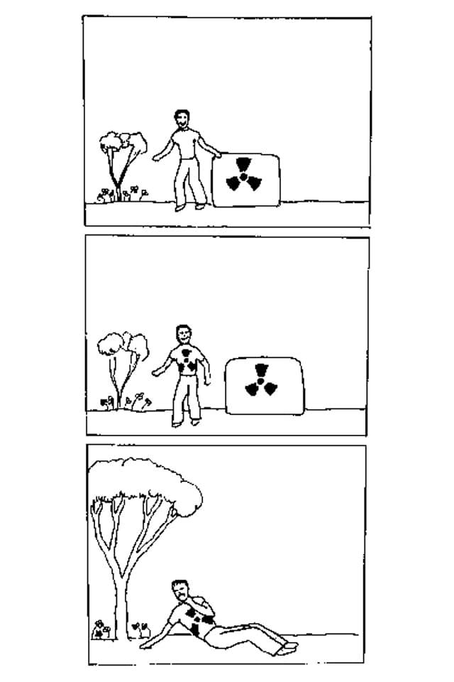 Ein Comic zeigt ein Männchen, dass sich einem Fass mit Atom-Müll-Markierung nähert und umkippt. Ein Comic zeigt ein Männchen, dass sich einem Fass mit Atom-Müll-Markierung nähert und umkippt.