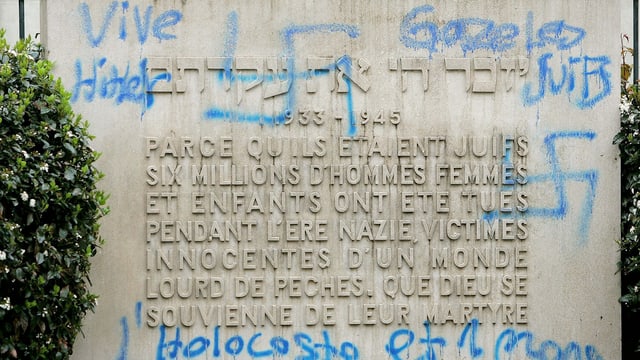 Antisemitische Schmiererei an einer Synagoge in Genf im Jahr 2005. Antisemitische Schmiererei an einer Synagoge in Genf im Jahr 2005.