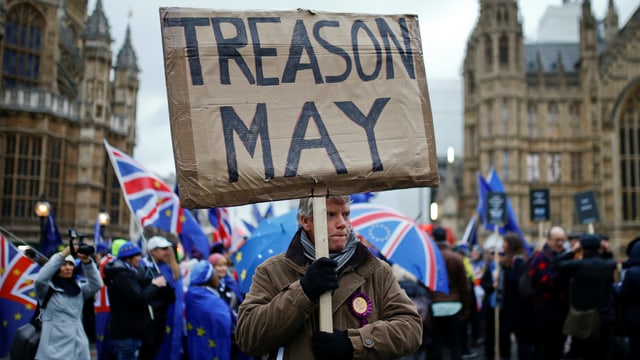Mann demonstriert vor den Houses of Parliament, hinter ihm Leute mit Briten-Schirmen und Flaggen. Mann demonstriert vor den Houses of Parliament, hinter ihm Leute mit Briten-Schirmen und Flaggen.