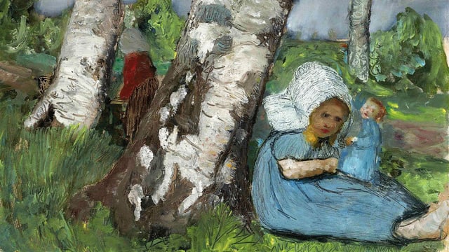 Kind mit Puppe am Birkenstamm sitzend (Gemälde).