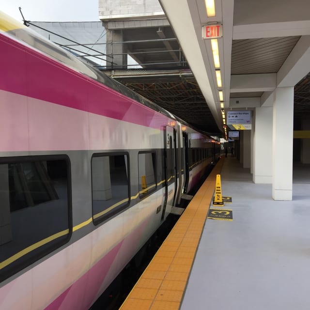 Ein neuer «Brightline Zug» mit rosa Streifen steht an einem Bahnhof in den USA. An den Ausgängen des Zuges wurden extra Warn-Pillonen aufgestellt, damit man nicht versehentlich stolpert. Ein neuer «Brightline Zug» mit rosa Streifen steht an einem Bahnhof in den USA. An den Ausgängen des Zuges wurden extra Warn-Pillonen aufgestellt, damit man nicht versehentlich stolpert.